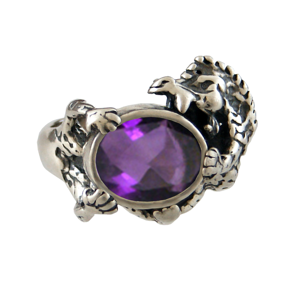Sterling Silver Good Luck Dragon Ring with an Amethyst Size 12